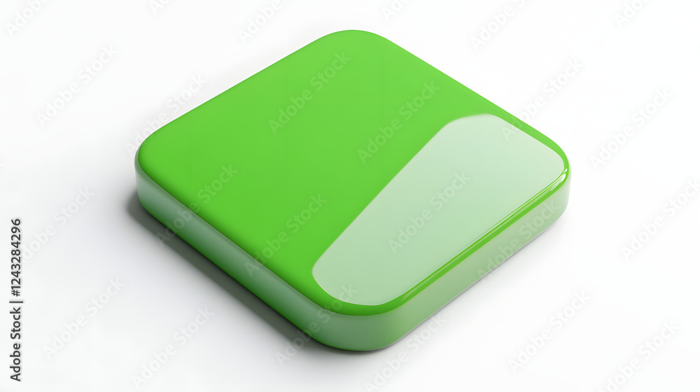 Poster blank mobile application icon, button - green square with round corners. 3d rendering, white backgro