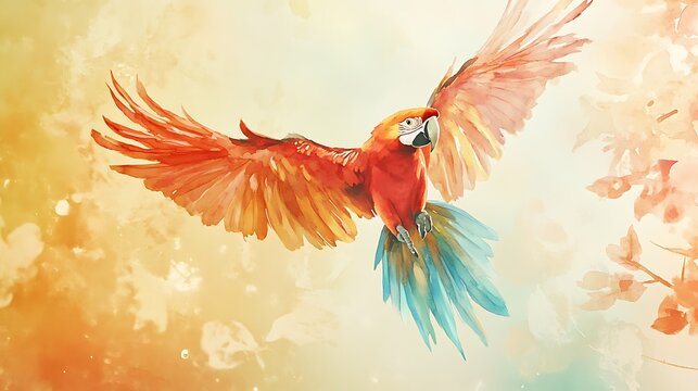 Scarlet Macaw in Flight Watercolor Painting