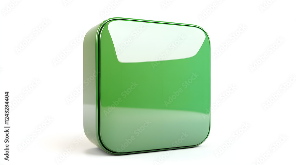 Aufkleber blank mobile application icon, button - green square with round corners. 3d rendering, white backgro
