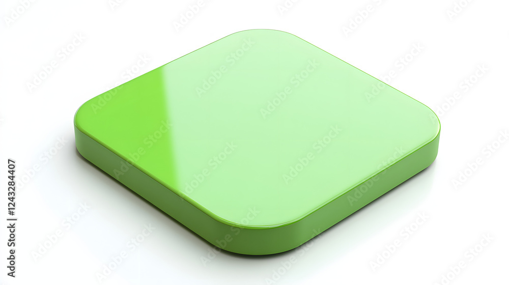 Poster blank mobile application icon, button - green square with round corners. 3d rendering, white backgro