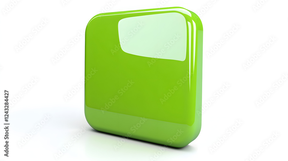 Poster blank mobile application icon, button - green square with round corners. 3d rendering, white backgro