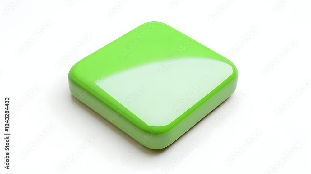 Poster blank mobile application icon, button - green square with round corners. 3d rendering, white backgro
