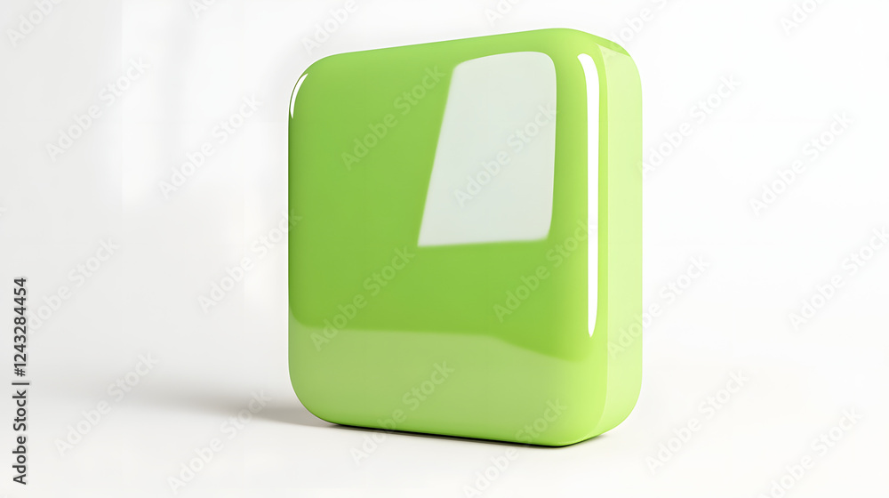 Poster blank mobile application icon, button - green square with round corners. 3d rendering, white backgro