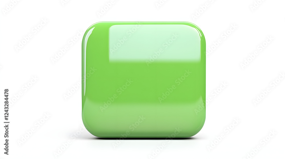 Poster blank mobile application icon, button - green square with round corners. 3d rendering, white backgro