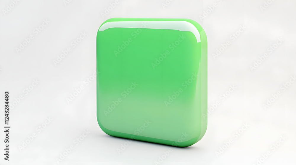 Poster blank mobile application icon, button - green square with round corners. 3d rendering, white backgro
