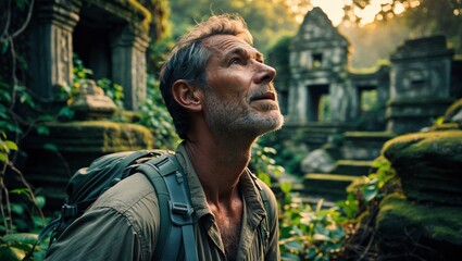 Obraz premium Exploring ancient ruins at sunset with lush vegetation surrounding the site
