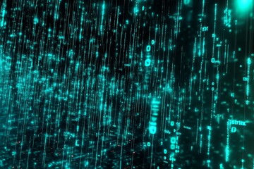A digital rain effect with neon blue-green code symbols. 