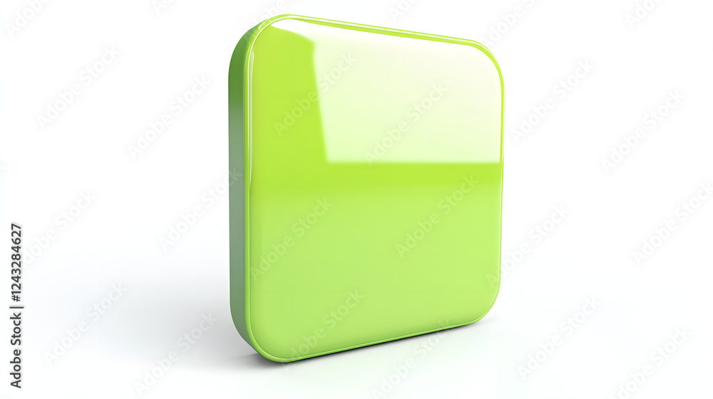 Poster blank mobile application icon, button - green square with round corners. 3d rendering, white backgro