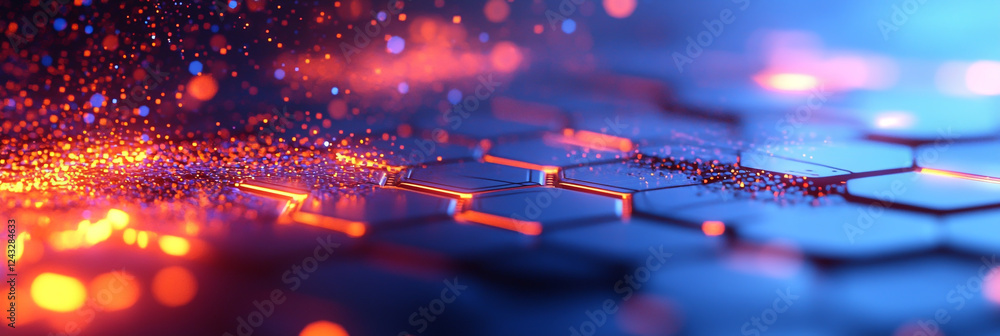 Poster abstract futuristic background with hexagonal patterns and glowing lights on a blue bokeh