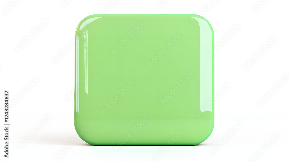 Poster blank mobile application icon, button - green square with round corners. 3d rendering, white backgro