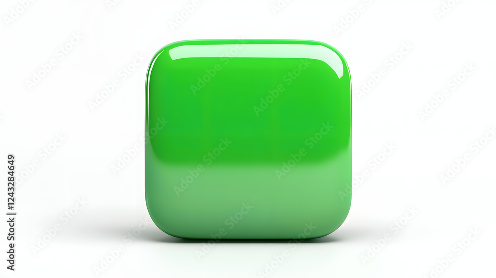 Poster blank mobile application icon, button - green square with round corners. 3d rendering, white backgro