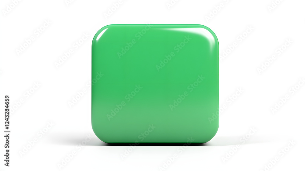 Poster blank mobile application icon, button - green square with round corners. 3d rendering, white backgro