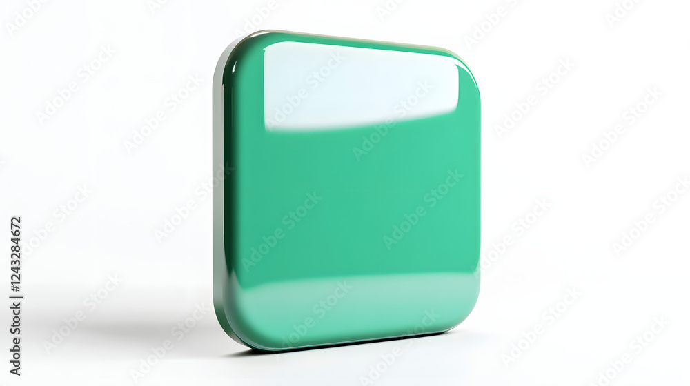 Poster blank mobile application icon, button - green square with round corners. 3d rendering, white backgro