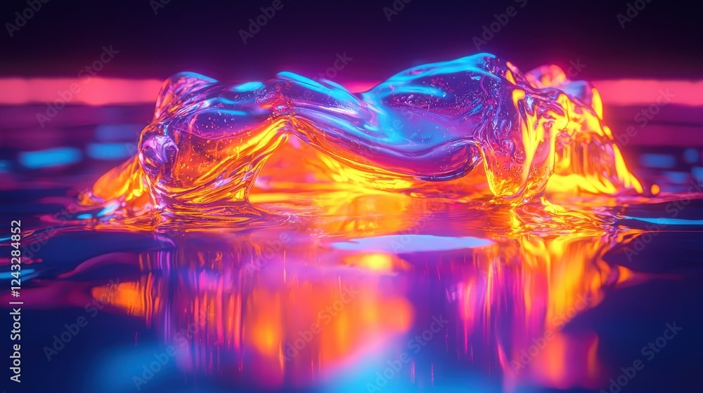 Poster abstract liquid form with vibrant neon colors reflecting on a dark surface. the texture is glossy an
