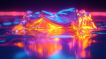 Abstract liquid form with vibrant neon colors reflecting on a dark surface. The texture is glossy and smooth, creating a futuristic and surreal atmosphere.