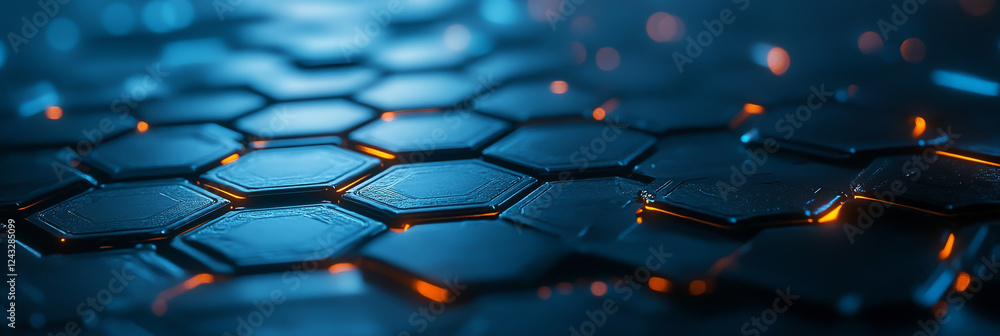 Poster abstract futuristic background with hexagonal patterns and glowing lights on a blue bokeh