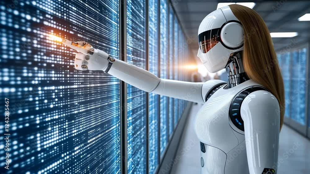 Poster a sleek robot with human-like features engages with an illuminated digital screen in a modern techno