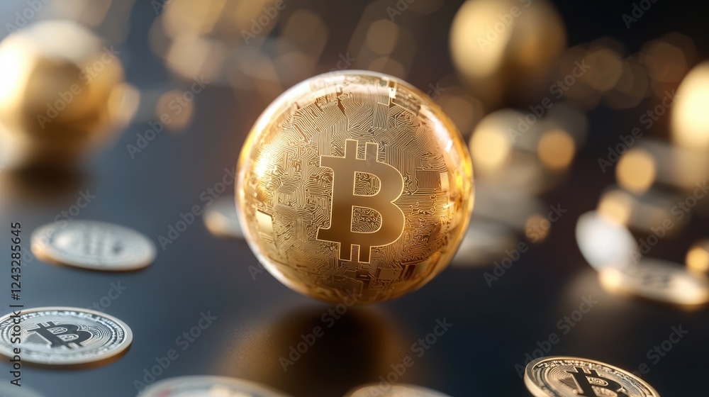 Poster gold bitcoin sphere among other crypto coins on dark background. close up view with bokeh effect, sh