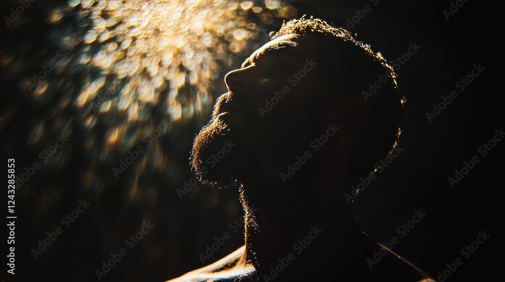 Poster silhouette of a man's face, lit from above, against a dark background with bokeh lights. the image e