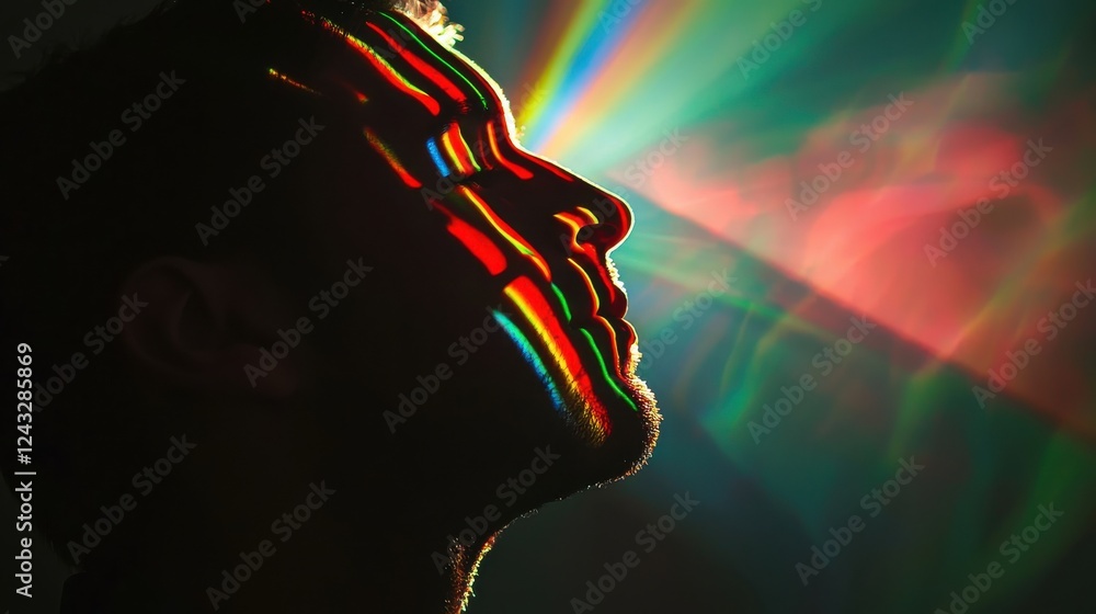 Aufkleber profile view of a person's face illuminated by vibrant rainbow light projections, creating colorful 