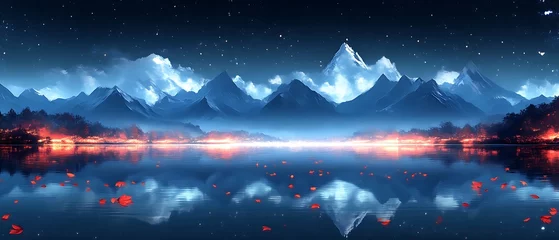 Serene night scene with snow-capped mountains reflected in a calm lake, illuminated by warm lights along the shore, with floating red petals.
