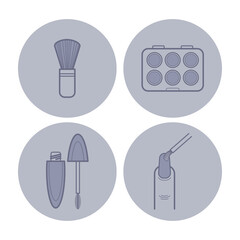 Collection of beauty icons including makeup brush, palette with colors, mascara, and nail tool. Essential beauty items concept