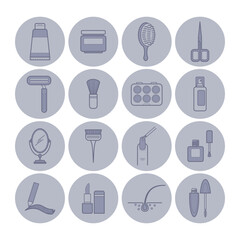 Various icons of beauty and grooming products in circular design. Scissors, brushes, and containers. Personal care essentials concept