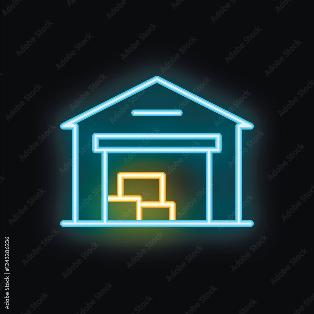 Poster neon glowing icon of a storage warehouse building with an open gate containing boxes