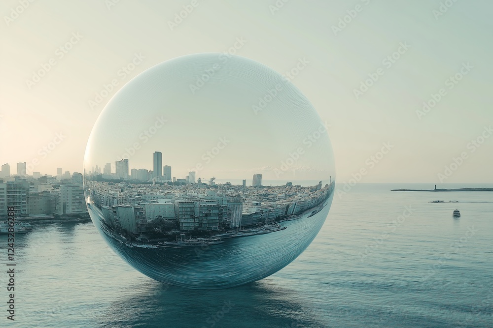Poster a city inside a giant bubble, floating over an endless ocean.