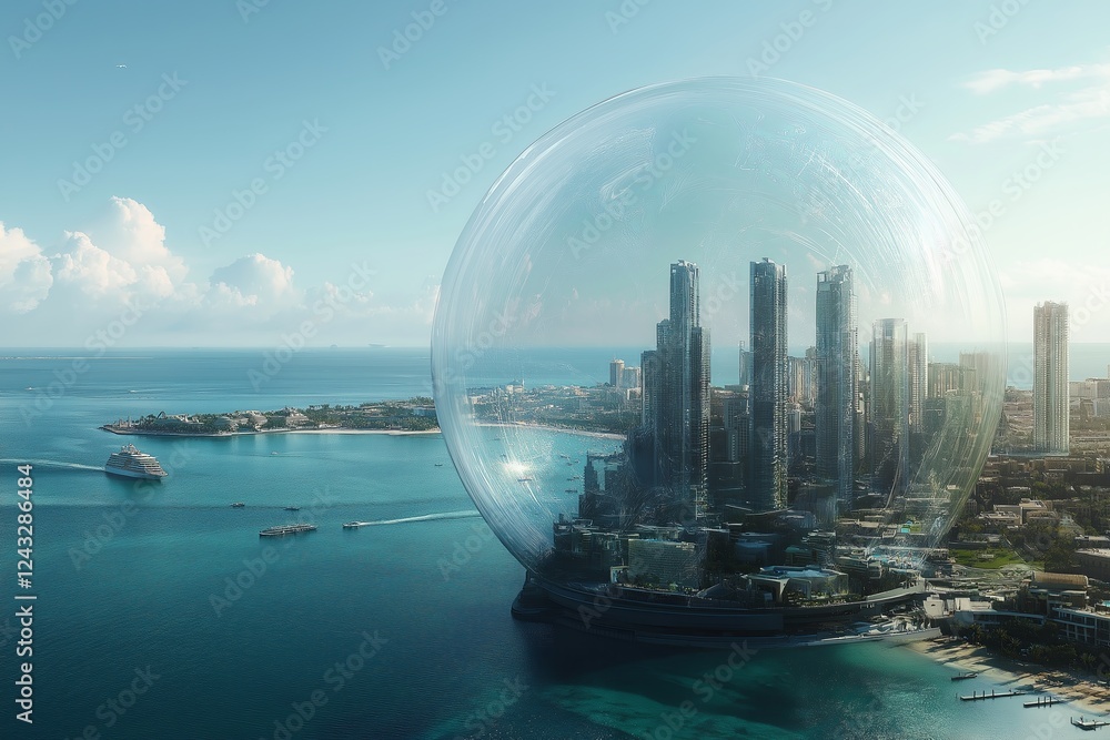 Poster a city inside a giant bubble, floating over an endless ocean.