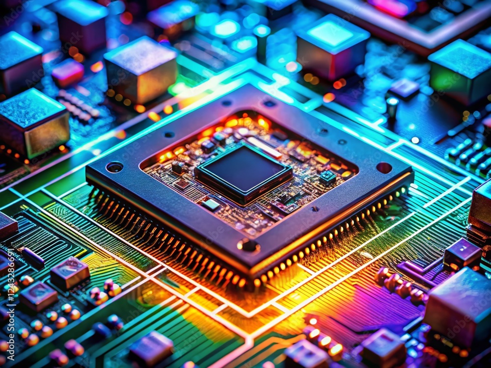 Poster close-up detailed shot of advanced microchip with intricate wiring and circuitry - documentary photo