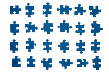 Blue jigsaw puzzle pieces close-up. Blue puzzles elements isolated. Challenge and solution concept....
