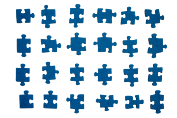 Blue jigsaw puzzle pieces close-up. Blue puzzles elements isolated. Challenge and solution concept. Teamwork.