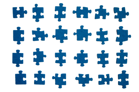 Blue jigsaw puzzle pieces close-up. Blue puzzles elements isolated. Challenge and solution concept. Teamwork.