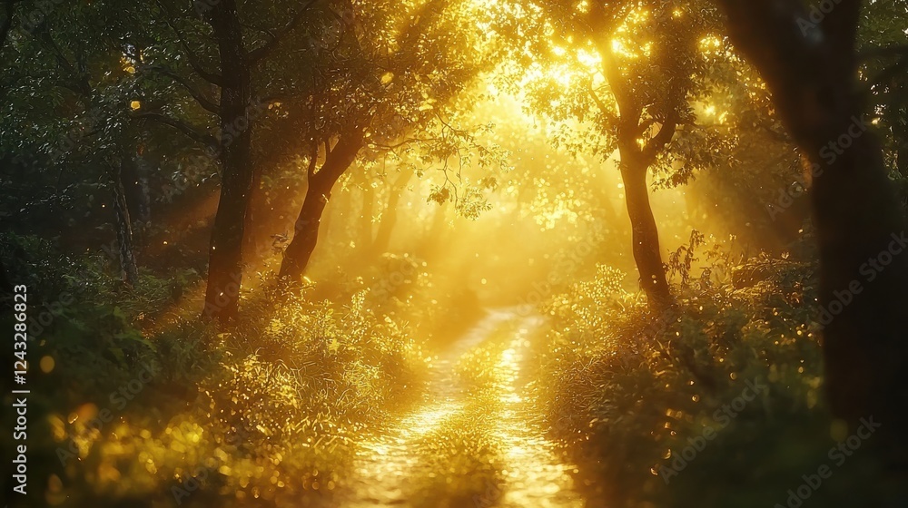 Poster magical forest path at sunrise, golden light filters through trees, creating a mystical atmosphere. 