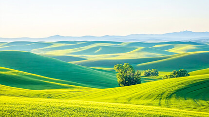 Fototapeta premium Vibrant green grassland landscape isolated on a white background, showcasing rolling hills and expansive open fields