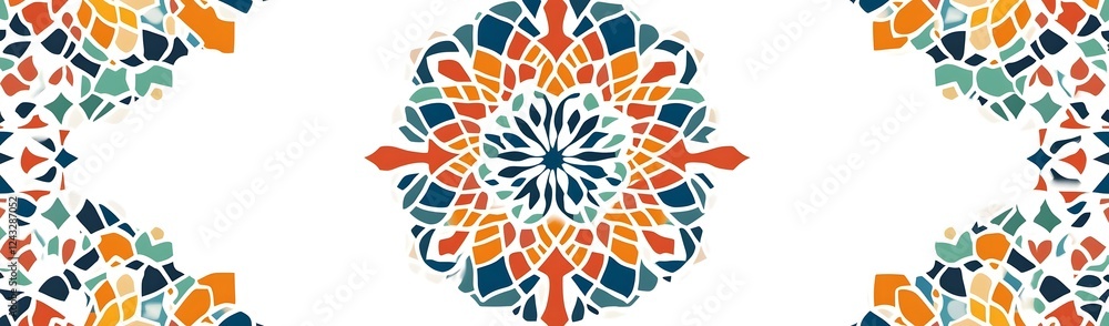 Poster colorful geometric pattern with intricate design elements, suitable for backgrounds or textiles