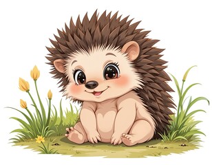 cute little hedgehog. On white isolated background in cartoon style.