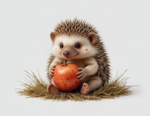 Cute little hedgehog holding an apple. On white isolated background in cartoon style.