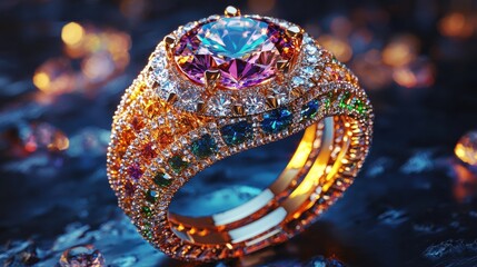 Fototapeta premium Multicolored gemstone ring with gold band, dazzling sparkle, dark background. Close up view, luxurious jewelry.