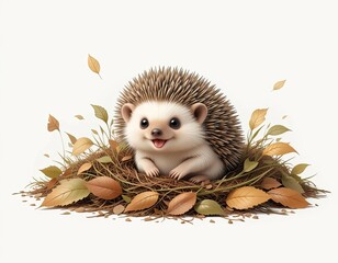 Cute little hedgehog in a pile of leaves. On white isolated background in cartoon style.
