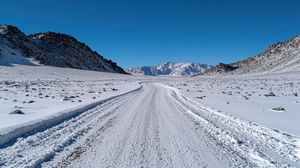 Obraz premium Snowy mountain road journey, winter landscape, clear sky, adventure travel
