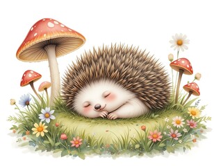 cute little black hedgehog . On white isolated background in cartoon style.