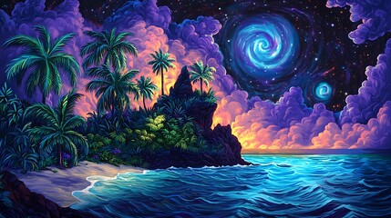 Tropical Island Paradise Underneath A Cosmic Sky