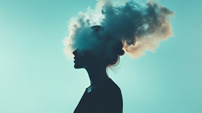 Silhouette profile of young woman with exploding thoughts visualized as dark cloud emerging from her head, representing stress, anxiety, and mental health challenges
