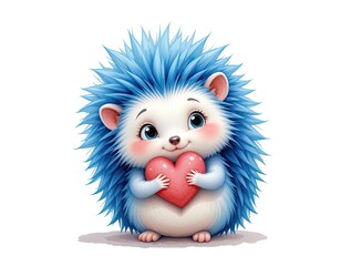 Cute little blue hedgehog holding a heart. On white isolated background in cartoon style.
