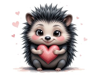 Cute little black hedgehog holding a heart. On white isolated background in cartoon style.