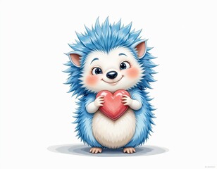 Cute little blue hedgehog holding a heart. On white isolated background in cartoon style.