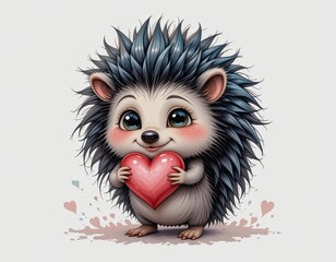 Cute little black hedgehog holding a heart. On white isolated background in cartoon style.