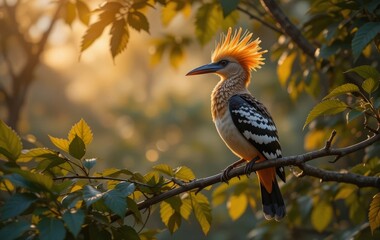 Obraz premium A close-up photo of an African Hoopoe bird sitting on a branch with a bright orange sunset in the background
